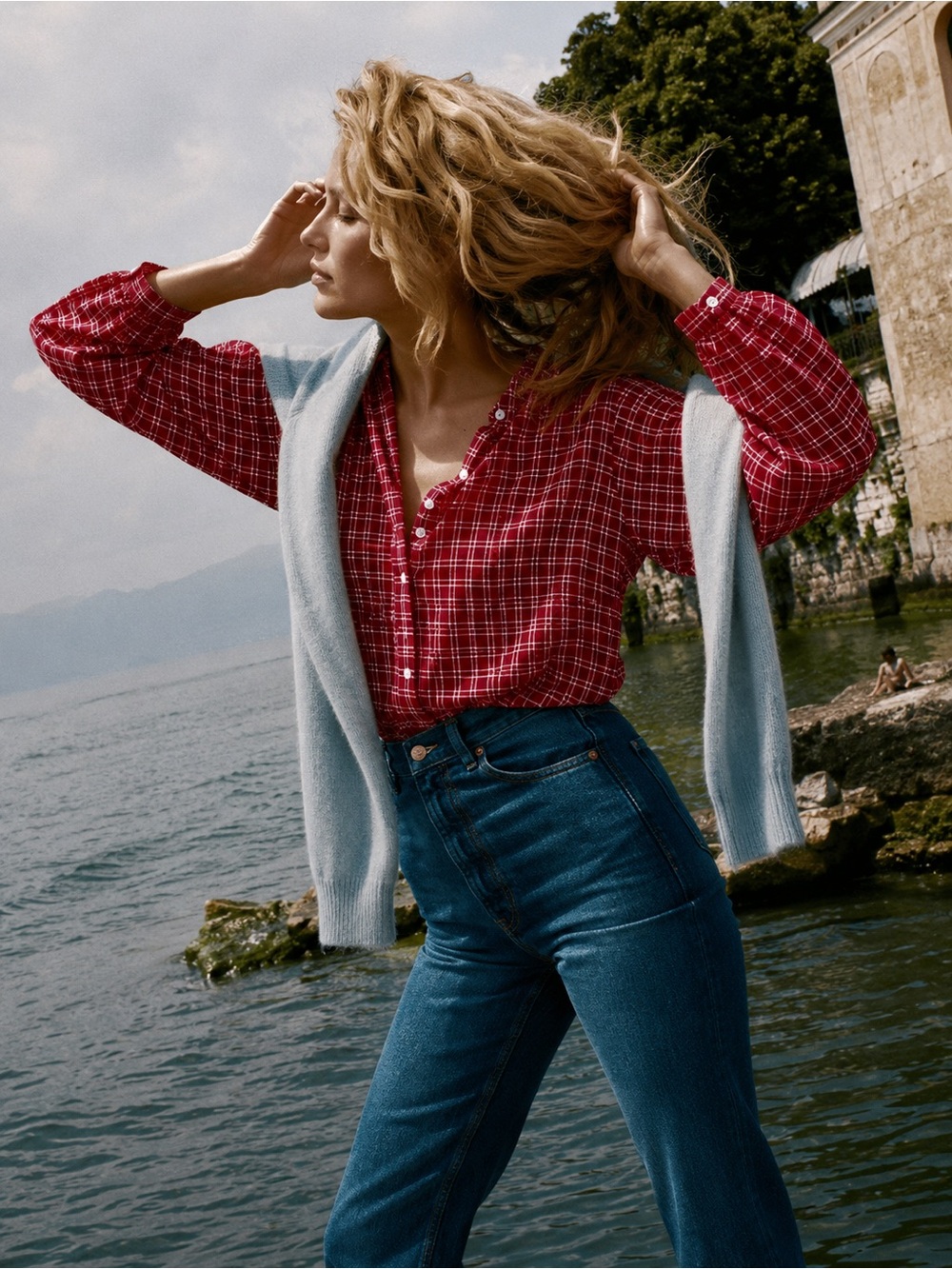 DÔEN Holde Top in Red Plaid Cotton Blouse XS